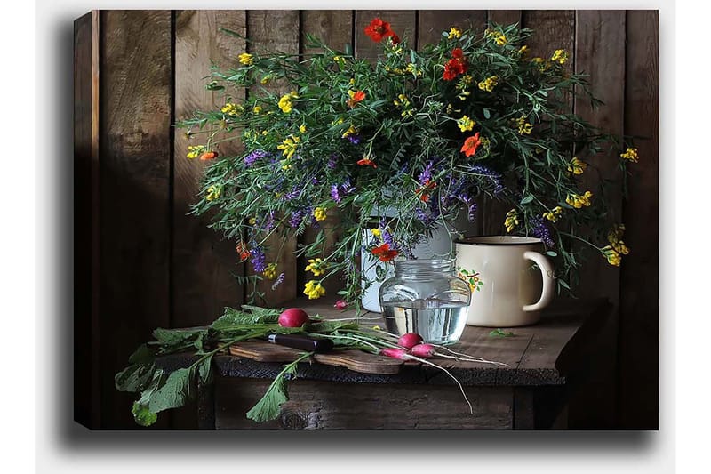 Lerretsbilde 70x100 cm - Vakker bukett med fargerike blomster i en glassvase på et trebord - Grønn / Gul / Rød - Interiør - Maleri & posters - Lerretsbilder