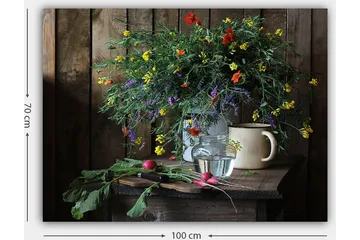 Lerretsbilde 70x100 cm - Vakker bukett med fargerike blomster i en glassvase på et trebord - Grønn / Gul / Rød - Interiør - Maleri & posters - Lerretsbilder