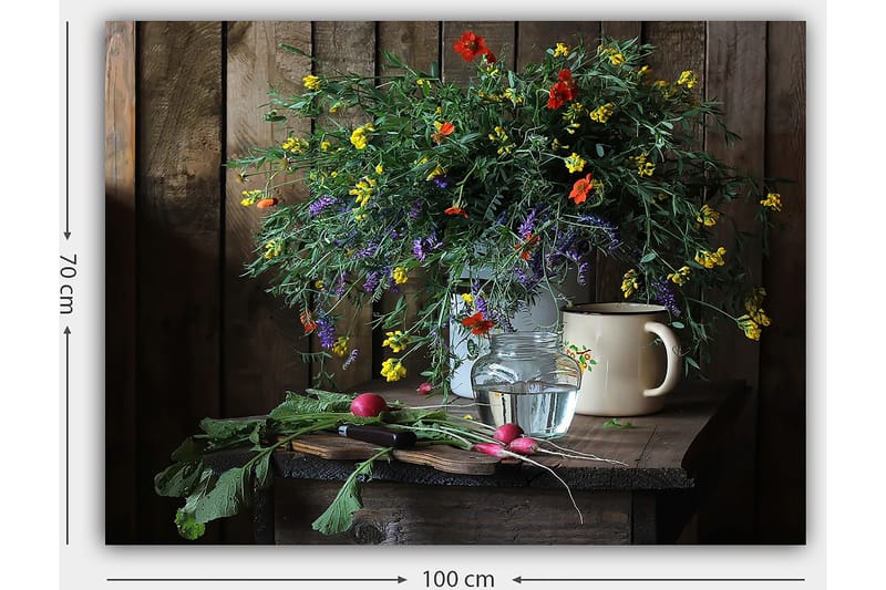 Lerretsbilde 70x100 cm - Vakker bukett med fargerike blomster i en glassvase på et trebord - Grønn / Gul / Rød - Interiør - Maleri & posters - Lerretsbilder