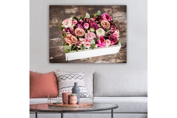 Lerretsbilde 70x100 cm - Vakker bukett med fargerike blomster i en hvit eske - Rosa / Lilla / Grønn - Interiør - Maleri & posters - Lerretsbilder
