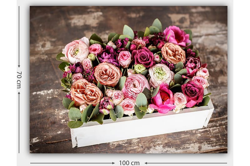 Lerretsbilde 70x100 cm - Vakker bukett med fargerike blomster i en hvit eske - Rosa / Lilla / Grønn - Interiør - Maleri & posters - Lerretsbilder