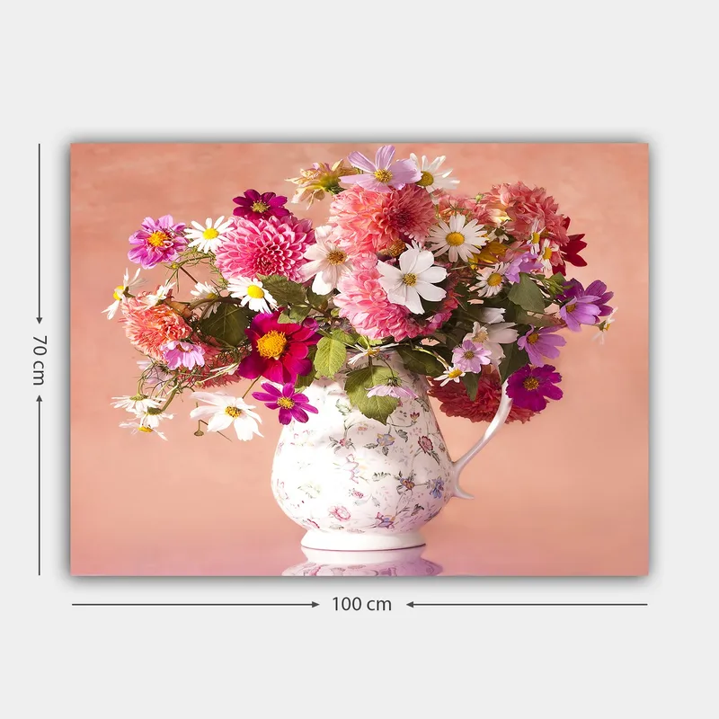 Lerretsbilde 70x100 cm - Vakker bukett med fargerike blomster i en hvit mugge - Rosa / Lilla / Grønn - Interiør - Maleri & posters - Lerretsbilder