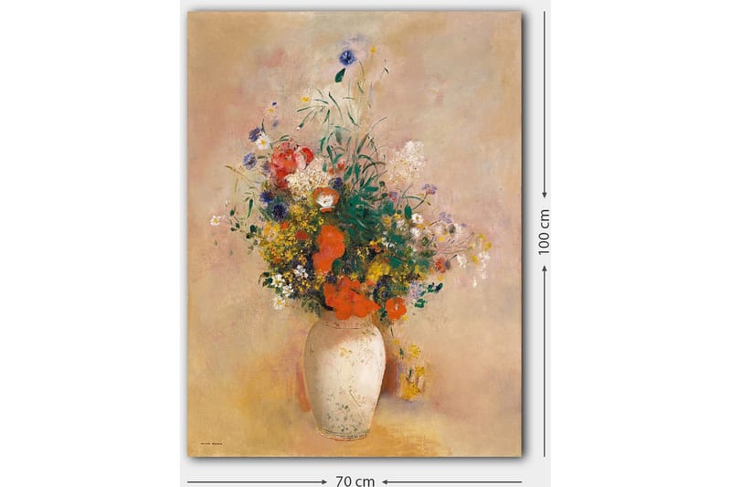 Lerretsbilde 70x100 cm - Vakker bukett med fargerike blomster i en hvit vase - Rød / Grønn / Gul - Interiør - Maleri & posters - Lerretsbilder
