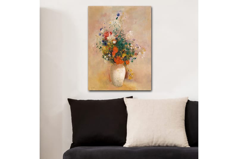 Lerretsbilde 70x100 cm - Vakker bukett med fargerike blomster i en hvit vase - Rød / Grønn / Gul - Interiør - Maleri & posters - Lerretsbilder
