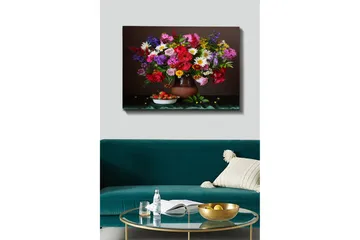 Lerretsbilde 70x100 cm - Vakker bukett med fargerike blomster i en keramisk vase - Rød / Lilla / Grønn - Interiør - Maleri & posters - Lerretsbilder