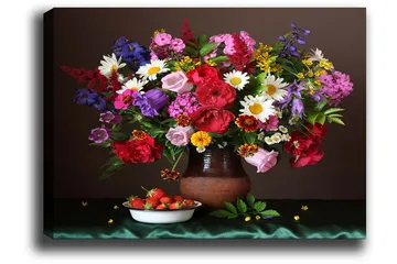 Lerretsbilde 70x100 cm - Vakker bukett med fargerike blomster i en keramisk vase - Rød / Lilla / Grønn - Interiør - Maleri & posters - Lerretsbilder