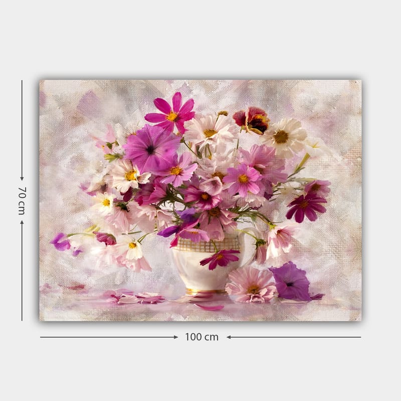 Lerretsbilde 70x100 cm - Vakker bukett med fargerike blomster i en vase - Rosa / Lilla / Hvit - Interiør - Maleri & posters - Lerretsbilder