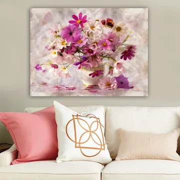Lerretsbilde 70x100 cm - Vakker bukett med fargerike blomster i en vase - Rosa / Lilla / Hvit - Interiør - Maleri & posters - Lerretsbilder