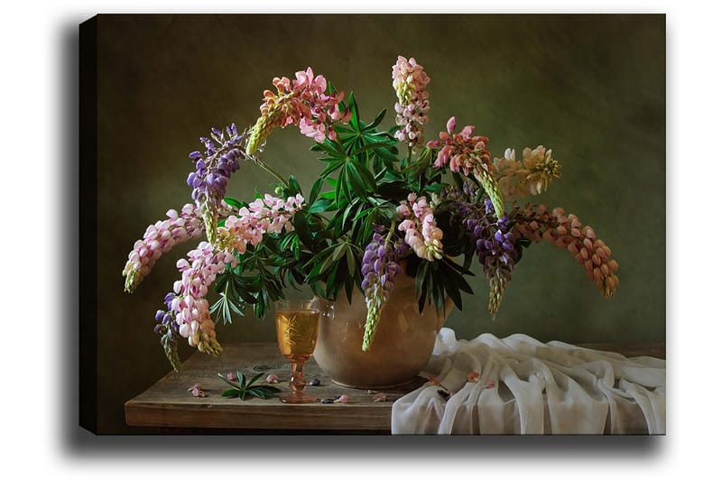 Lerretsbilde 70x100 cm - Vakker bukett med fargerike blomster i en potte - Lilla / Rosa / Grønn - Interiør - Maleri & posters - Lerretsbilder