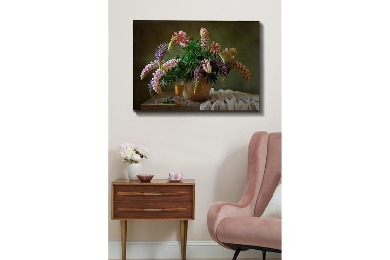 Lerretsbilde 70x100 cm - Vakker bukett med fargerike blomster i en potte, Lilla / Rosa / Grønn