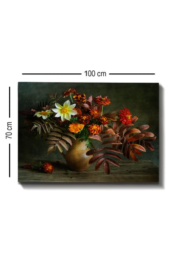 Lerretsbilde 70x100 cm - Vakker bukett med fargerike blomster og blader i en keramisk vase - Hvit / Oransje / Rød - Interiør - Maleri & posters - Lerretsbilder
