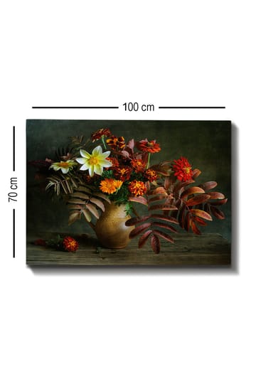 Lerretsbilde 70x100 cm - Vakker bukett med fargerike blomster og blader i en keramisk vase - Hvit / Oransje / Rød - Interiør - Maleri & posters - Lerretsbilder
