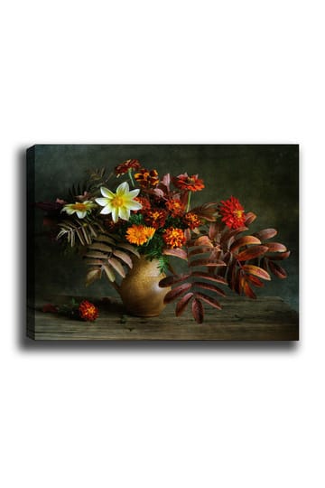 Lerretsbilde 70x100 cm - Vakker bukett med fargerike blomster og blader i en keramisk vase - Hvit / Oransje / Rød - Interiør - Maleri & posters - Lerretsbilder