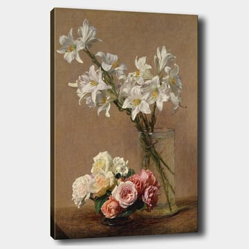 Lerretsbilde 70x100 cm - Vakker bukett med hvite liljer og roser i forskjellige nyanser i en glassvase - Hvit / Rosa / Grønn - Interiør - Maleri & posters - Lerretsbilder