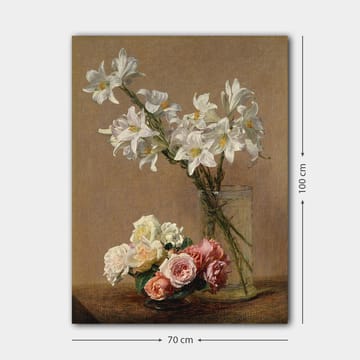 Lerretsbilde 70x100 cm - Vakker bukett med hvite liljer og roser i forskjellige nyanser i en glassvase - Hvit / Rosa / Grønn - Interiør - Maleri & posters - Lerretsbilder