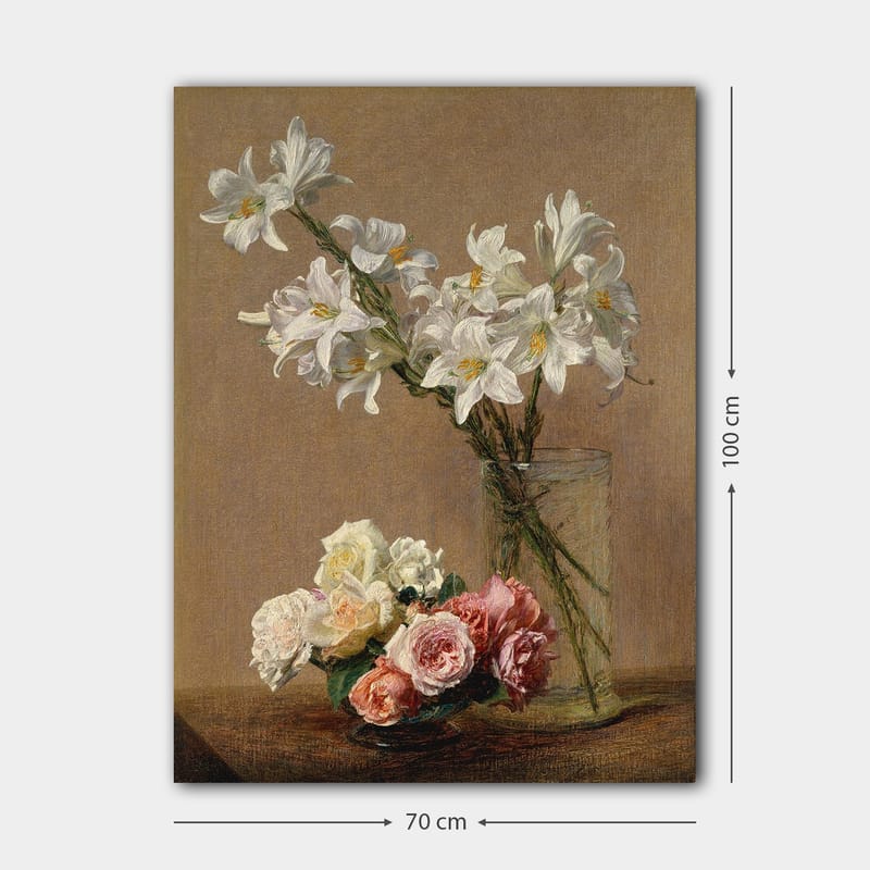 Lerretsbilde 70x100 cm - Vakker bukett med hvite liljer og roser i forskjellige nyanser i en glassvase - Hvit / Rosa / Grønn - Interiør - Maleri & posters - Lerretsbilder