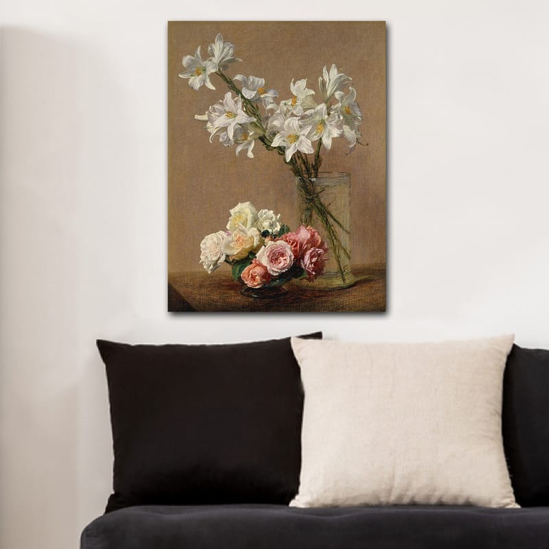 Lerretsbilde 70x100 cm - Vakker bukett med hvite liljer og roser i forskjellige nyanser i en glassvase - Hvit / Rosa / Grønn - Interiør - Maleri & posters - Lerretsbilder