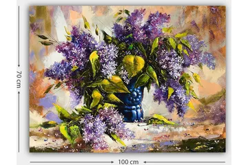 Lerretsbilde 70x100 cm - Vakker bukett med lilla blomster i en blå vase - Lilla / Grønn / Blå - Interiør - Maleri & posters - Lerretsbilder