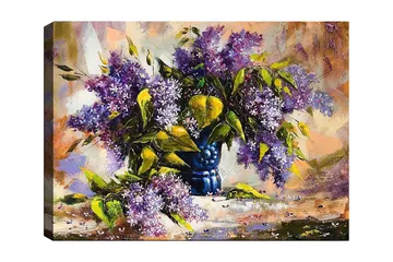 Lerretsbilde 70x100 cm - Vakker bukett med lilla blomster i en blå vase - Lilla / Grønn / Blå - Interiør - Maleri & posters - Lerretsbilder