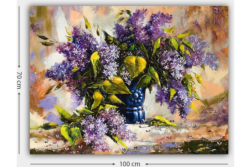 Lerretsbilde 70x100 cm - Vakker bukett med lilla blomster i en blå vase - Lilla / Grønn / Blå - Interiør - Maleri & posters - Lerretsbilder