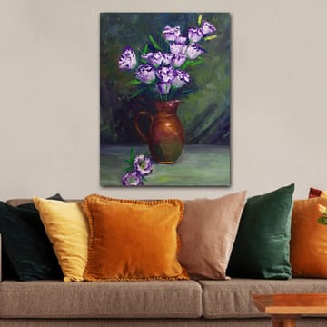 Lerretsbilde 70x100 cm - Vakker bukett med lilla blomster i en brun potte - Lilla / Grønn / Brun - Interiør - Maleri & posters - Lerretsbilder