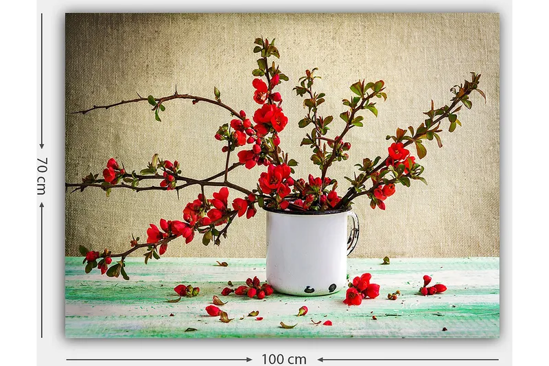 Lerretsbilde 70x100 cm - Vakker bukett med røde blomster i en hvit kopp - Rød / Grønn / Hvit - Interiør - Maleri & posters - Lerretsbilder