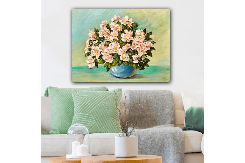 Lerretsbilde 70x100 cm - Vakker bukett med rosa blomster i en blå vase - Rosa / Grønn / Blå - Interiør - Maleri & posters - Lerretsbilder