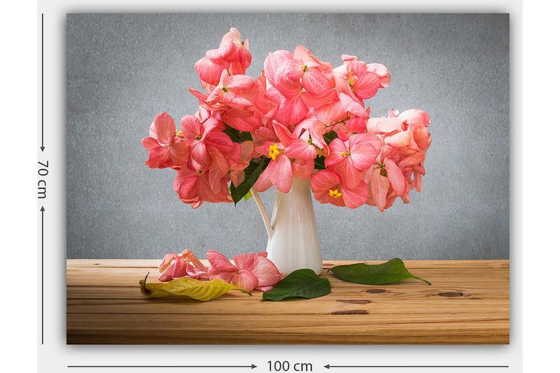 Lerretsbilde 70x100 cm - Vakker bukett med rosa blomster i en hvit vase - Rosa / Grønn / Gul - Interiør - Maleri & posters - Lerretsbilder