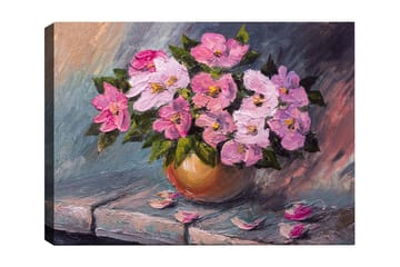 Lerretsbilde 70x100 cm - Vakker bukett med rosa blomster i en rund vase - Rosa / Grønn / Beige - Interiør - Maleri & posters - Lerretsbilder