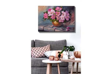 Lerretsbilde 70x100 cm - Vakker bukett med rosa blomster i en rund vase - Rosa / Grønn / Beige - Interiør - Maleri & posters - Lerretsbilder