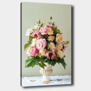 Lerretsbilde 70x100 cm - Vakker bukett med rosa og gule roser i en dekorativ vase - Rosa / Gul / Grønn - Interiør - Maleri & posters - Lerretsbilder