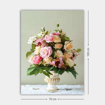 Lerretsbilde 70x100 cm - Vakker bukett med rosa og gule roser i en dekorativ vase - Rosa / Gul / Grønn - Interiør - Maleri & posters - Lerretsbilder