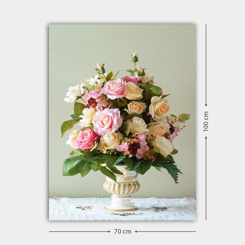 Lerretsbilde 70x100 cm - Vakker bukett med rosa og gule roser i en dekorativ vase - Rosa / Gul / Grønn - Interiør - Maleri & posters - Lerretsbilder