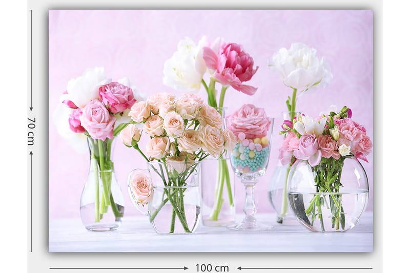 Lerretsbilde 70x100 cm - Vakker bukett med rosa og hvite blomster i forskjellige glassvaser - Rosa / Hvit / Grønn - Interiør - Maleri & posters - Lerretsbilder