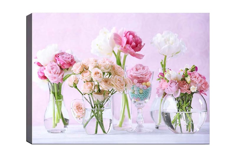 Lerretsbilde 70x100 cm - Vakker bukett med rosa og hvite blomster i forskjellige glassvaser, Rosa / Hvit / Grønn