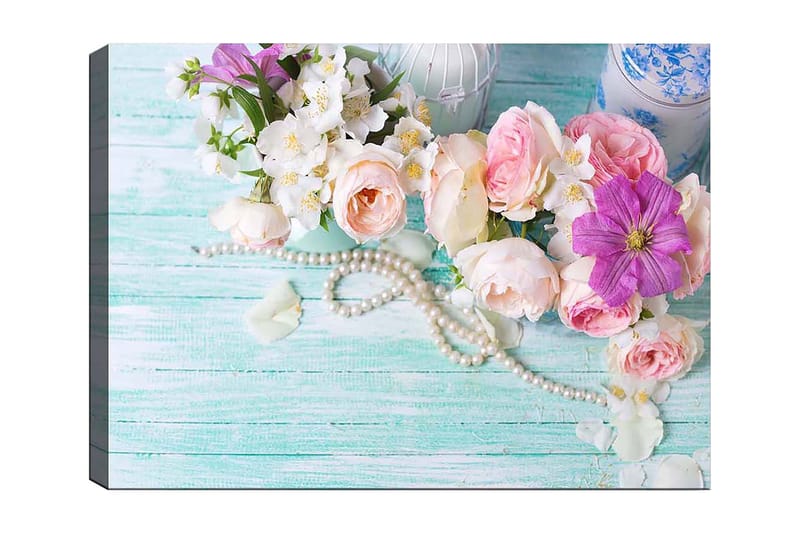 Lerretsbilde 70x100 cm - Vakker bukett med rosa og lilla blomster sammen med perler på en lysegrønn bakgrunn, Rosa / Lilla / Hvit