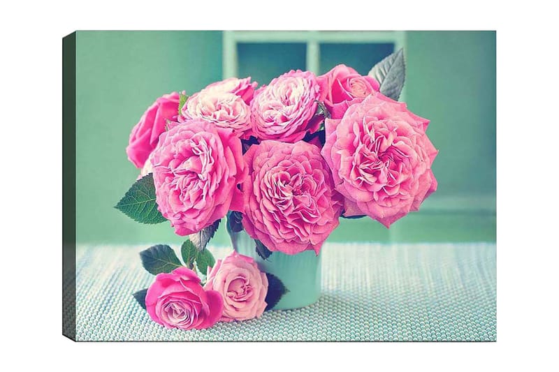 Lerretsbilde 70x100 cm - Vakker bukett med rosa roser i en lys vase, Rosa / Grønn