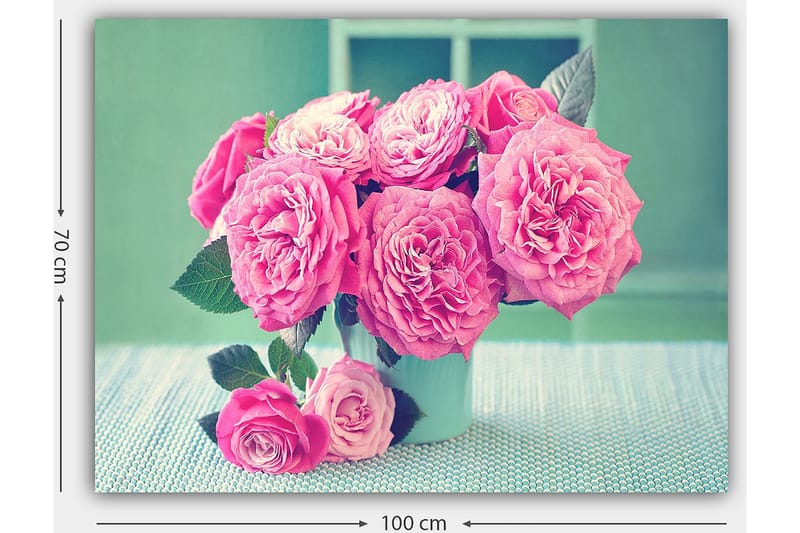 Lerretsbilde 70x100 cm - Vakker bukett med rosa roser i en lys vase - Rosa / Grønn - Interiør - Maleri & posters - Lerretsbilder