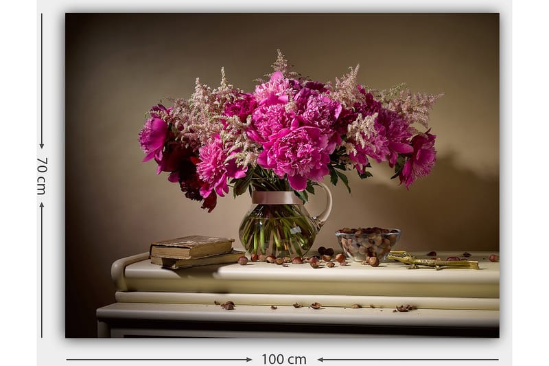 Lerretsbilde 70x100 cm - Vakker bukett med rosa peoner i en glassvase - Rosa / Grønn / Beige - Interiør - Maleri & posters - Lerretsbilder