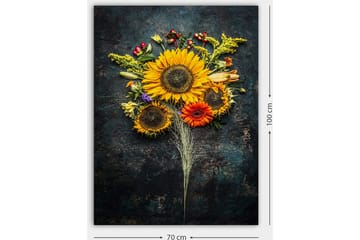 Lerretsbilde 70x100 cm - Vakker bukett med solsikker og fargerike blomster - Gul / Oransje / Grønn - Interiør - Maleri & posters - Lerretsbilder