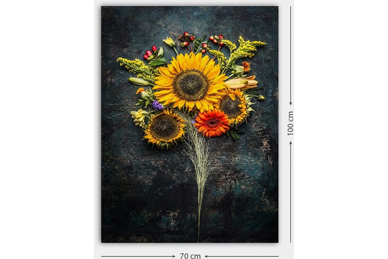 Lerretsbilde 70x100 cm - Vakker bukett med solsikker og fargerike blomster - Gul / Oransje / Grønn - Interiør - Maleri & posters - Lerretsbilder