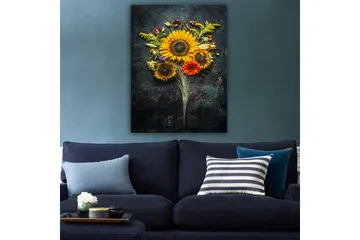Lerretsbilde 70x100 cm - Vakker bukett med solsikker og fargerike blomster - Gul / Oransje / Grønn - Interiør - Maleri & posters - Lerretsbilder