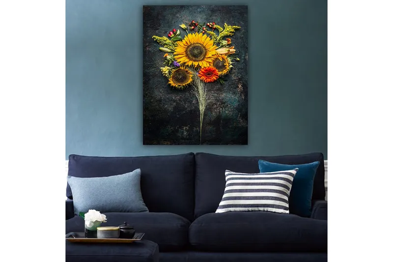 Lerretsbilde 70x100 cm - Vakker bukett med solsikker og fargerike blomster - Gul / Oransje / Grønn - Interiør - Maleri & posters - Lerretsbilder