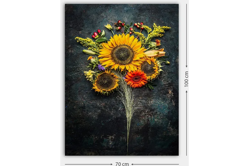 Lerretsbilde 70x100 cm - Vakker bukett med solsikker og fargerike blomster - Gul / Oransje / Grønn - Interiør - Maleri & posters - Lerretsbilder