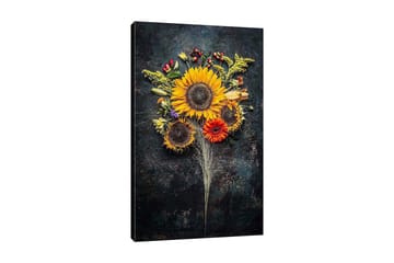 Lerretsbilde 70x100 cm - Vakker bukett med solsikker og fargerike blomster - Gul / Oransje / Grønn - Interiør - Maleri & posters - Lerretsbilder