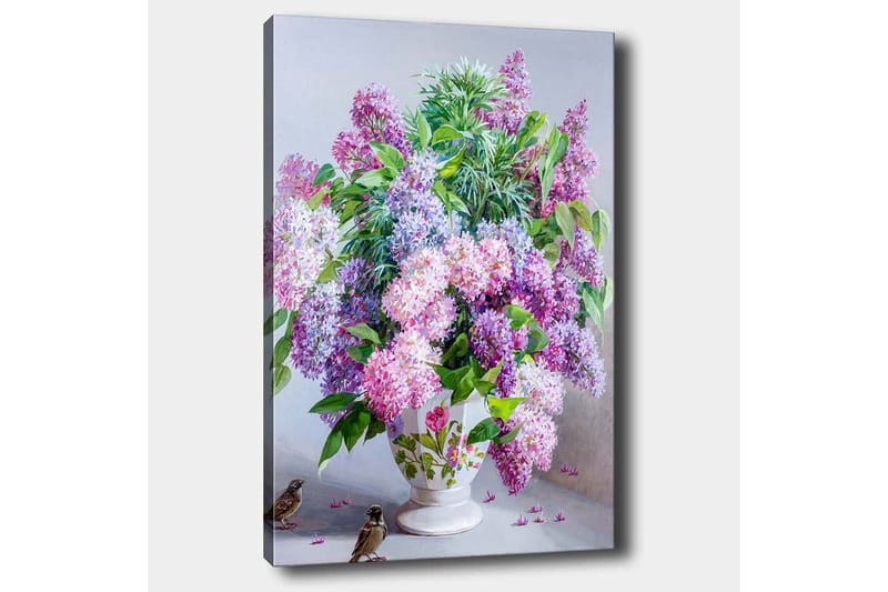 Lerretsbilde 70x100 cm - Vakker bukett med syrinblomster i en hvit vase - Lilla / Grønn / Hvit - Interiør - Maleri & posters - Lerretsbilder