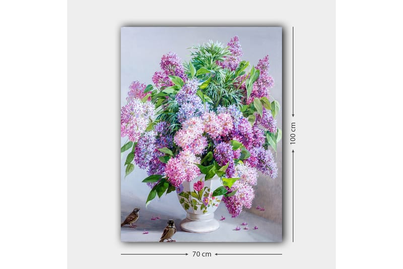 Lerretsbilde 70x100 cm - Vakker bukett med syrinblomster i en hvit vase - Lilla / Grønn / Hvit - Interiør - Maleri & posters - Lerretsbilder