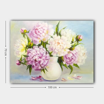 Lerretsbilde 70x100 cm - Vakker bukett med peoner i en hvit vase - Lys rosa / Hvit / Grønn - Interiør - Maleri & posters - Lerretsbilder