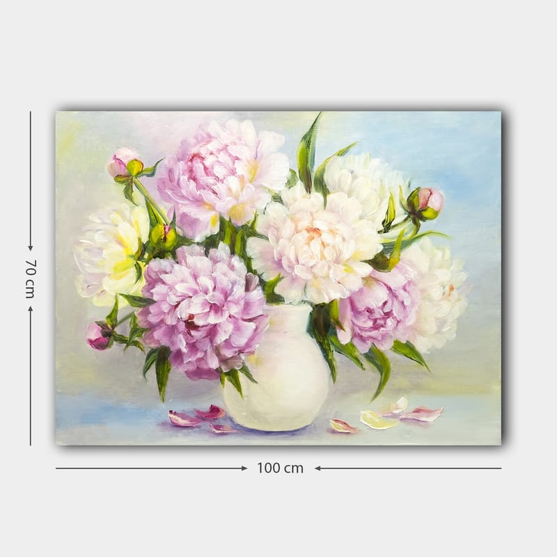 Lerretsbilde 70x100 cm - Vakker bukett med peoner i en hvit vase - Lys rosa / Hvit / Grønn - Interiør - Maleri & posters - Lerretsbilder
