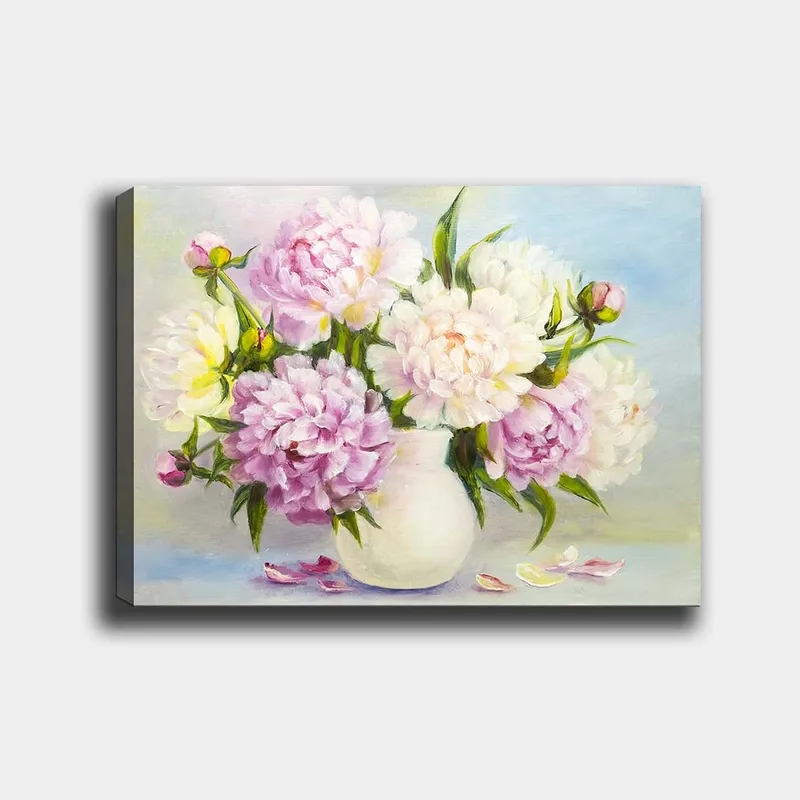 Lerretsbilde 70x100 cm - Vakker bukett med peoner i en hvit vase, Lys rosa / Hvit / Grønn
